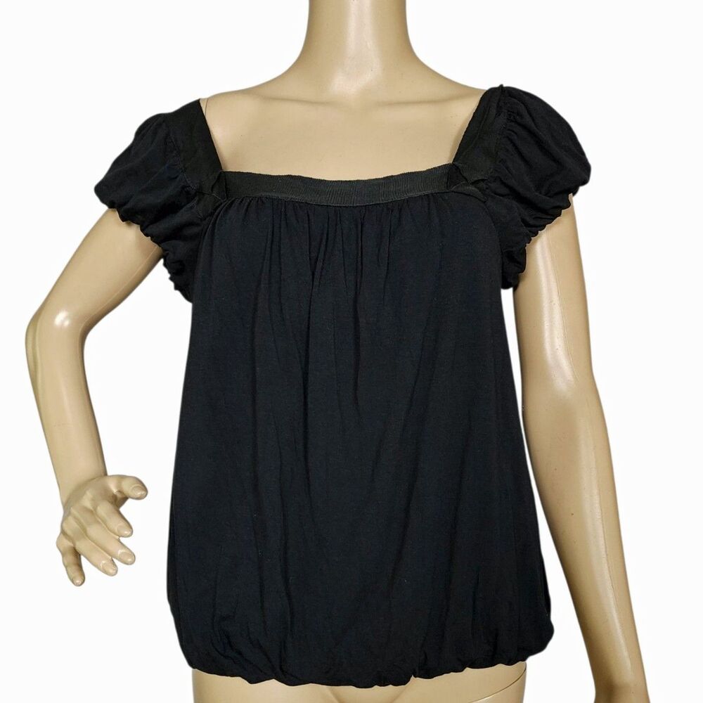 Max Studio Black Short Cap Sleeve Peasant Top -  Large - 100% Viscose Bubble Hem